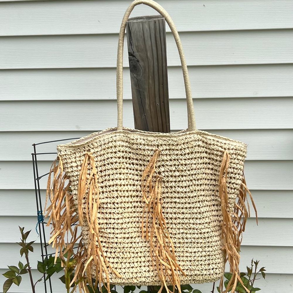Beige Woven Tote Bag with Fringe